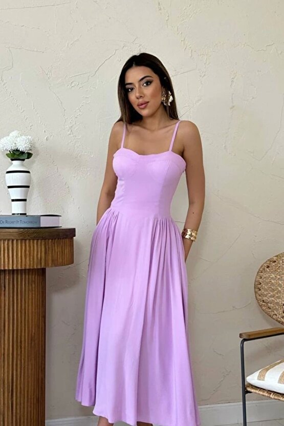 Lila Göğüs Kuplu Uzun Büzgülü Elbise