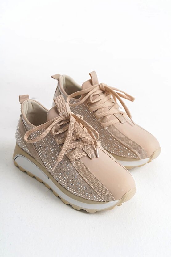 Alya Bağcıklı Ortopedik Taban Taşlı Kadın Sneaker Spor Ayakkabı Cbt - Krem