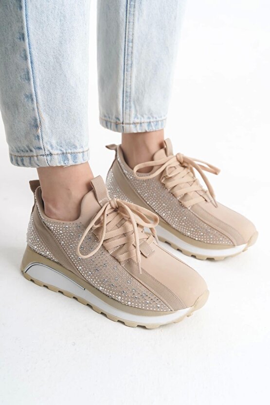 Alya Bağcıklı Ortopedik Taban Taşlı Kadın Sneaker Spor Ayakkabı Cbt - Krem