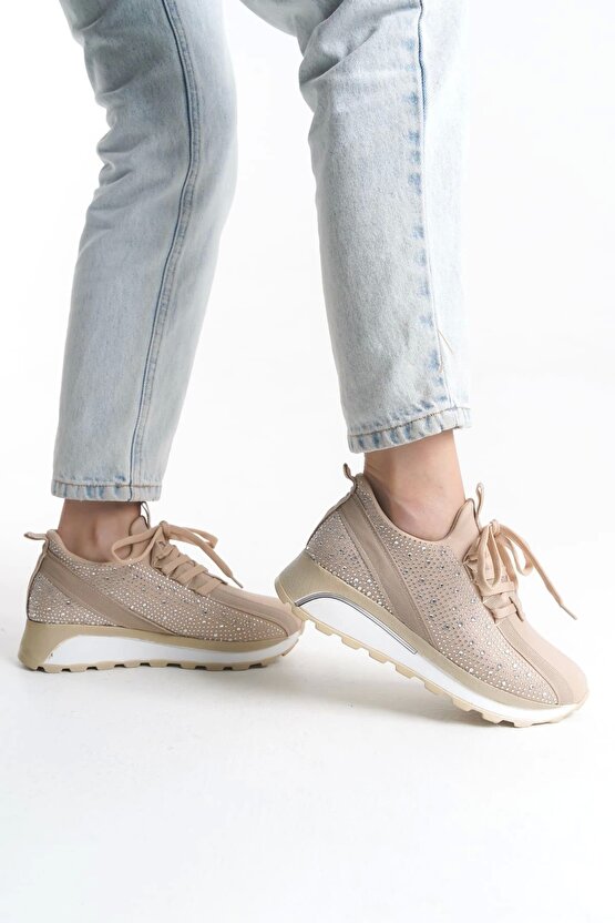 Alya Bağcıklı Ortopedik Taban Taşlı Kadın Sneaker Spor Ayakkabı Cbt - Krem