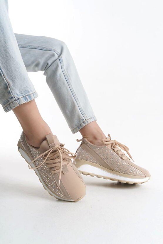 Alya Bağcıklı Ortopedik Taban Taşlı Kadın Sneaker Spor Ayakkabı Cbt - Krem