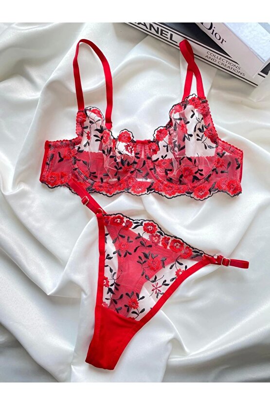 brode dantel kırmızı gul nakış