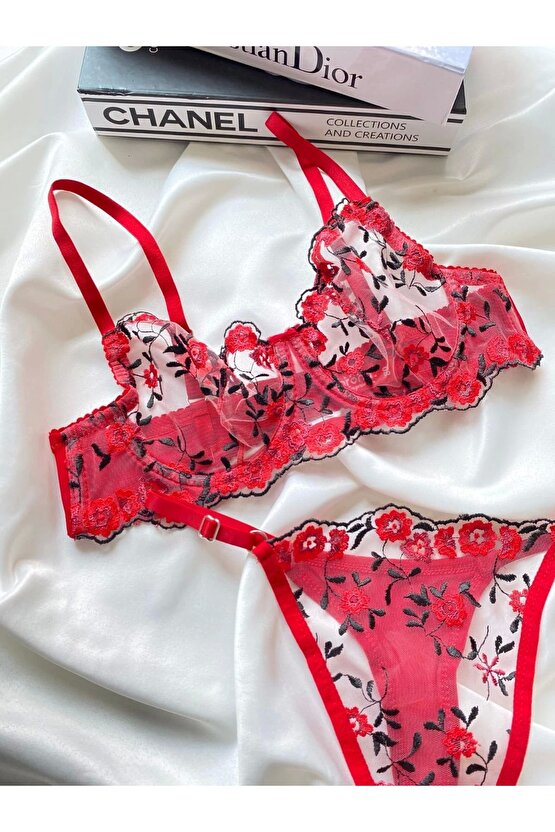 brode dantel kırmızı gul nakış