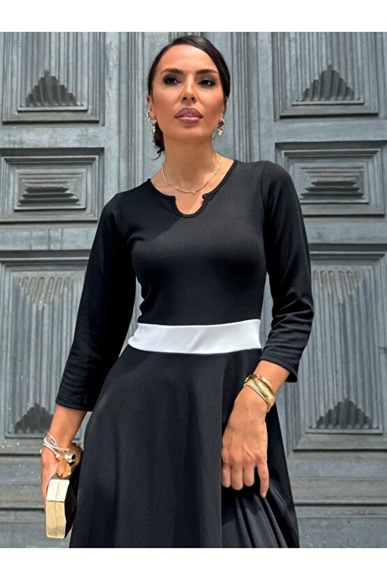 Kadın Truvakarkol Yakası Açık Blok Renkli Krep Midi Elbise