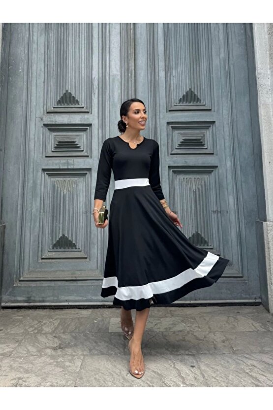 Kadın Truvakarkol Yakası Açık Blok Renkli Krep Midi Elbise