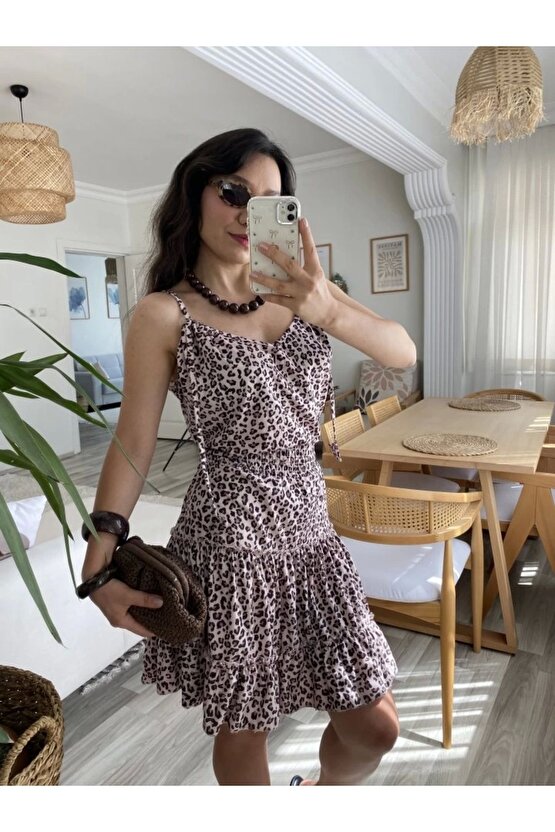 Kadın Askılı V Yaka Beli Pileli Leopar Desen Eteği Fırfırlı Süprem Elbise