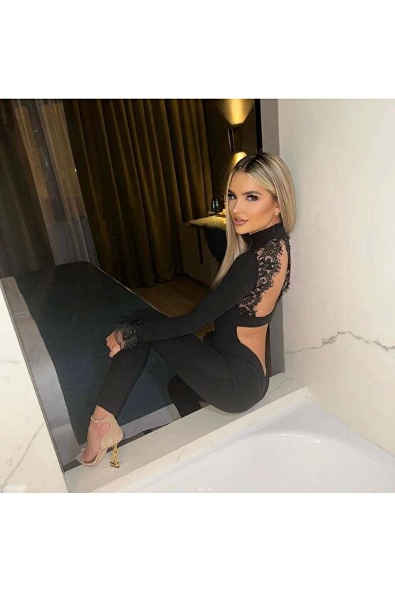 Kadın Dalgıç Kumaş Sırt Dantel Detaylı Maxi Boy Tulum
