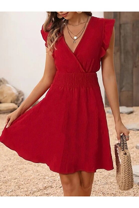 Kadın Kısa Kollu Kruvaze Yakalı Beli Lastikli Aerobin Elbise