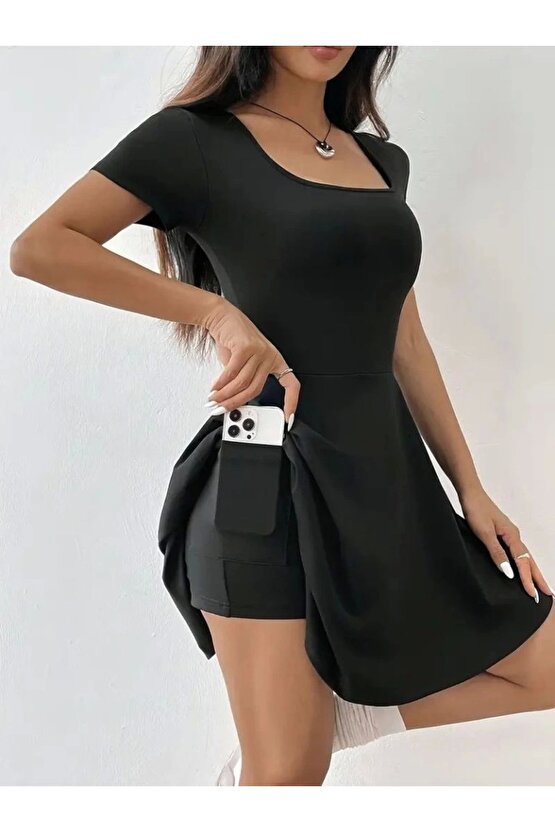 Kadın Kısa Kollu Kare Yaka Short Detaylı Cepli Dalgıç Elbise