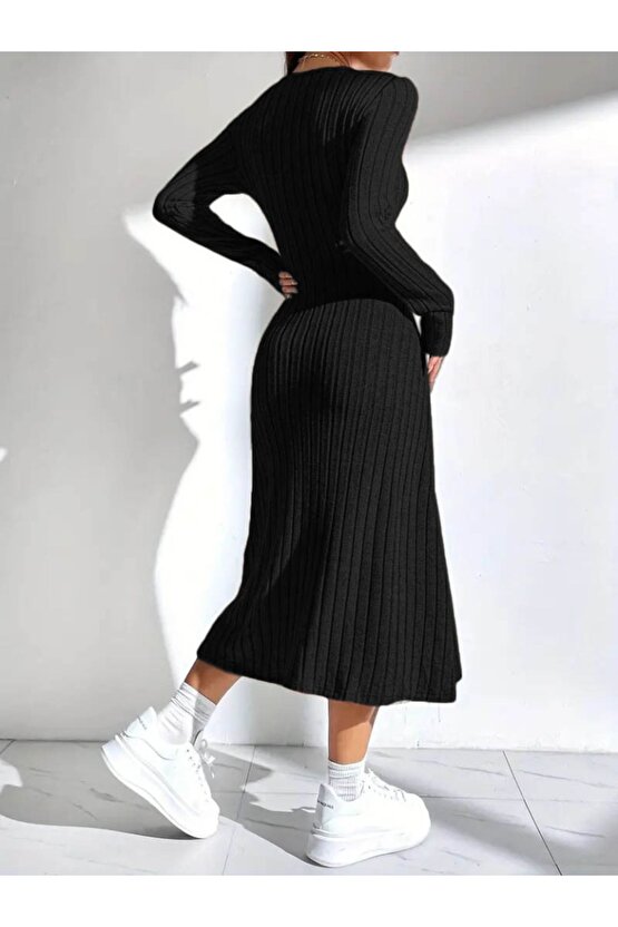 Moda Shop & Butik Kadın Uzun Kollu Kare Yakalı Midi Şardonlu Kaşkorse Elbise