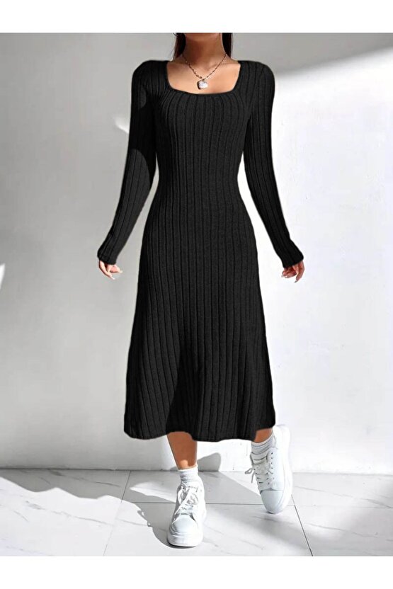 Moda Shop & Butik Kadın Uzun Kollu Kare Yakalı Midi Şardonlu Kaşkorse Elbise