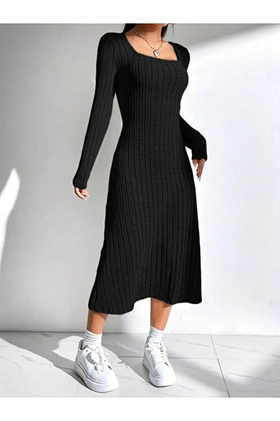 Moda Shop & Butik Kadın Uzun Kollu Kare Yakalı Midi Şardonlu Kaşkorse Elbise