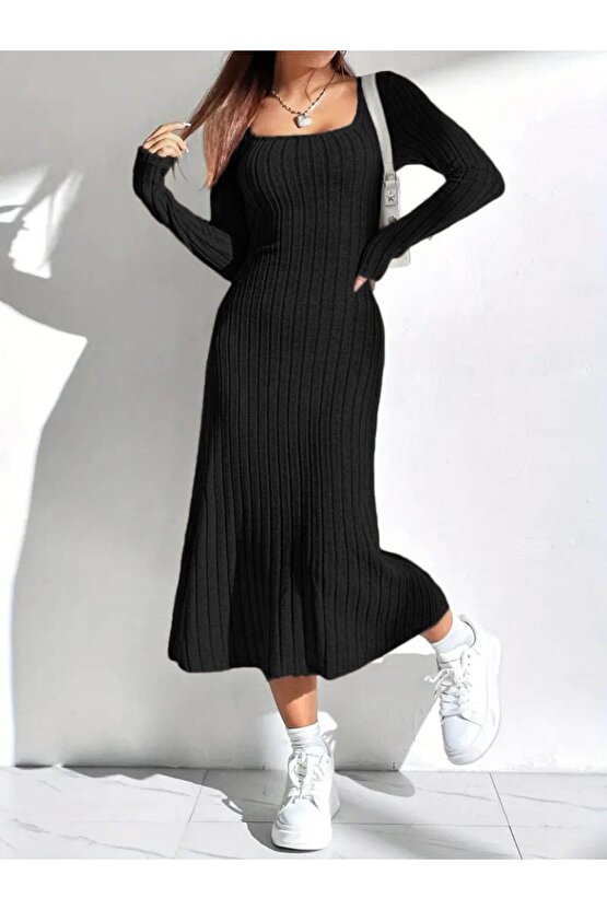 Moda Shop & Butik Kadın Uzun Kollu Kare Yakalı Midi Şardonlu Kaşkorse Elbise