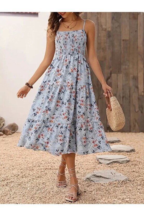 eyesof Kadın Ip Askılı Geniş V Yakalı Desenli Uzun Süprem Elbise