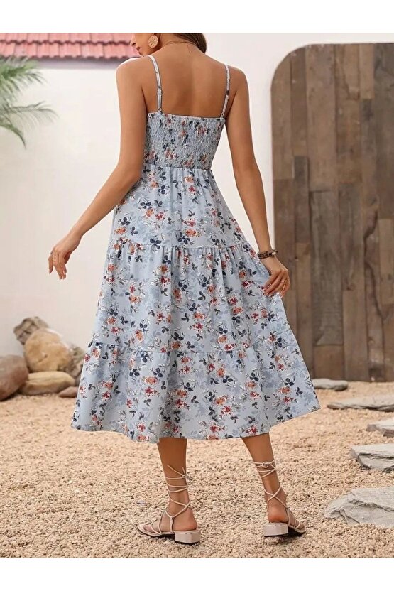 eyesof Kadın Ip Askılı Geniş V Yakalı Desenli Uzun Süprem Elbise