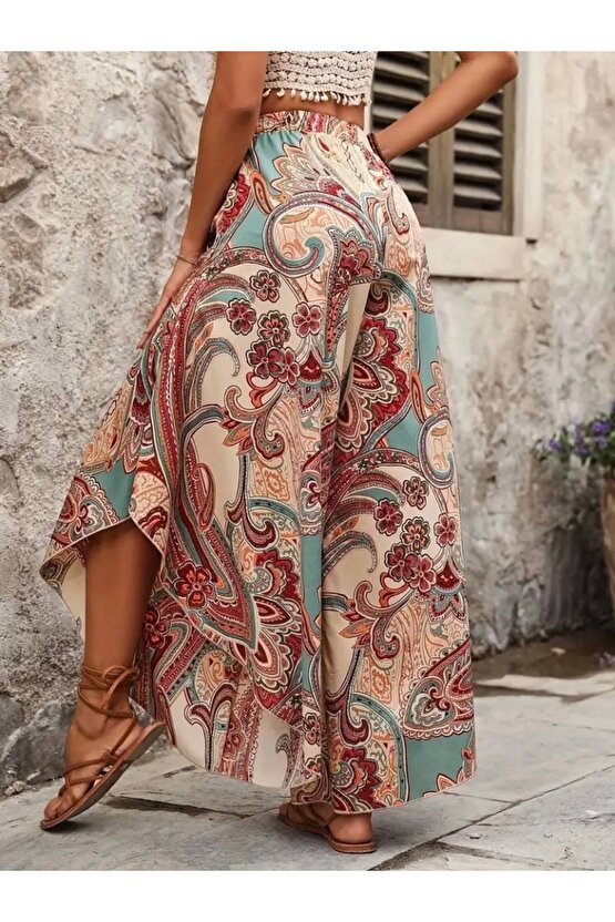 Kadın Yüksek Bel Beli Lastikli Desenli Geniş Paçalı Süprem Pantolon