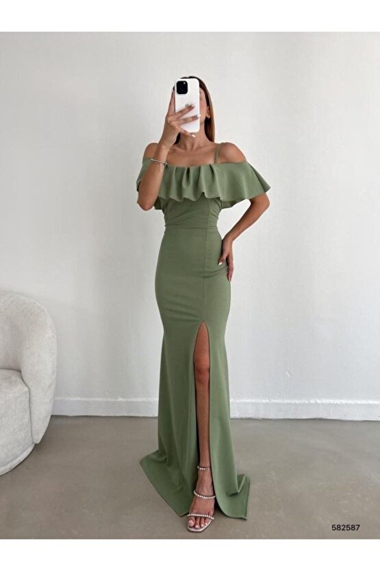 Moda Shop & Butik Kadın Dalgıç Krep Yırtmaç Detaylı Askılı Maxi Boy Elbise