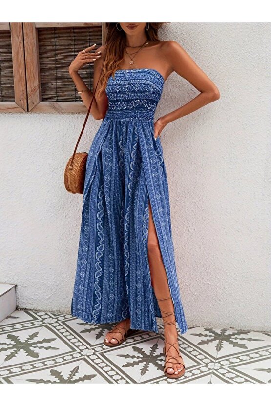 Moda Shop & Butik Kadın Yakası Gipe Detaylı Önden Yırtmaç Detaylı Desenli Süprem Pantolunetek Tulum