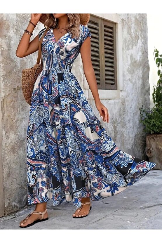 Kadın Kısa Yarasa Kanat Kollu V Yakalı Beli Büzgülü Süprem Elbise