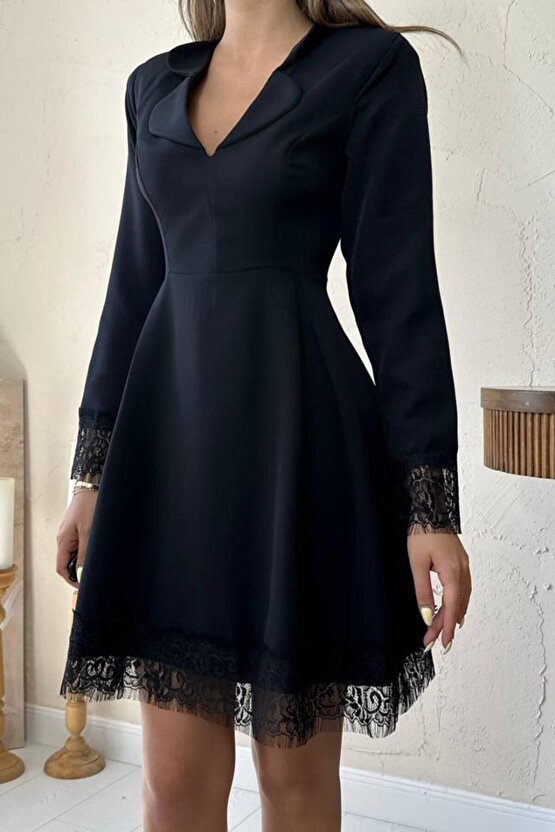 Shop & Butik Siyah Dantel Detaylı Kruvaze Yaka Elbise