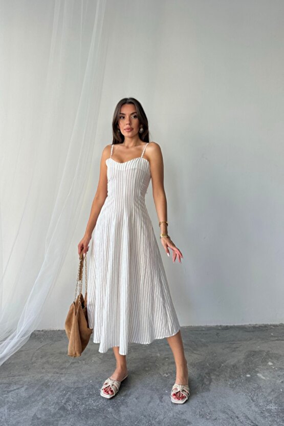 Moda Shop & Butik Simli Çizgili Askılı Elbise Midi Boy - Kahverengi