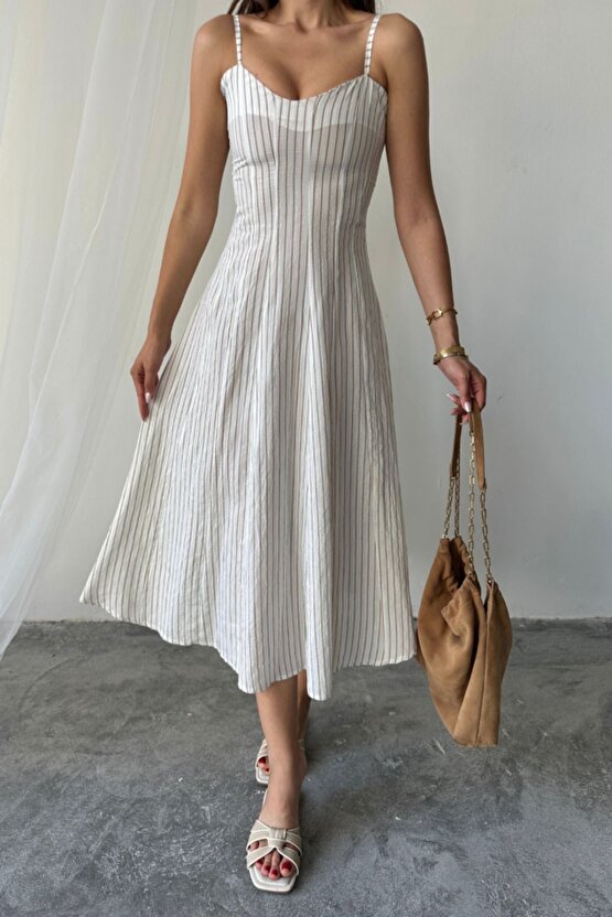 Moda Shop & Butik Simli Çizgili Askılı Elbise Midi Boy - Kahverengi