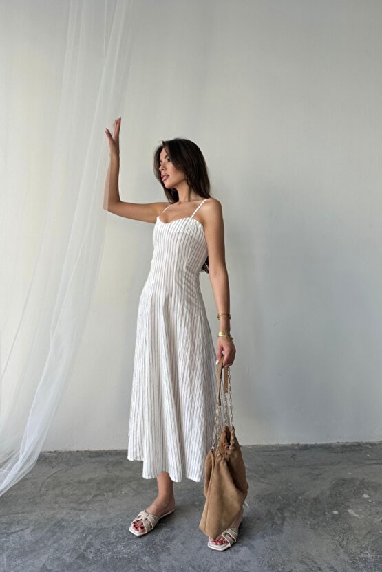 Moda Shop & Butik Simli Çizgili Askılı Elbise Midi Boy - Kahverengi