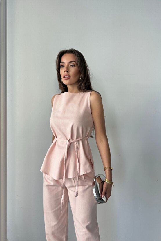 Gelirr Keten Bluz - Pantolon Takım Massimo Modelscreat Kumaş - Pudra