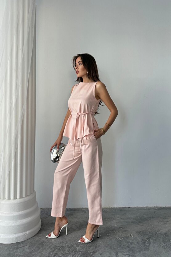 Gelirr Keten Bluz - Pantolon Takım Massimo Modelscreat Kumaş - Pudra