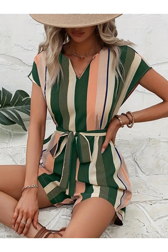 Kadın Kısa Kollu V Yakalı Beli Kuşaklı Keten Tulum