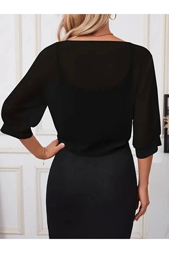 Kadın Truvakar Kol Önden Bağlamalı Kısa Şifon Bolero Ceket