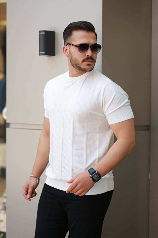 Erkek Desenli çizgi Kabartmalı Kısa Kollu Tişört