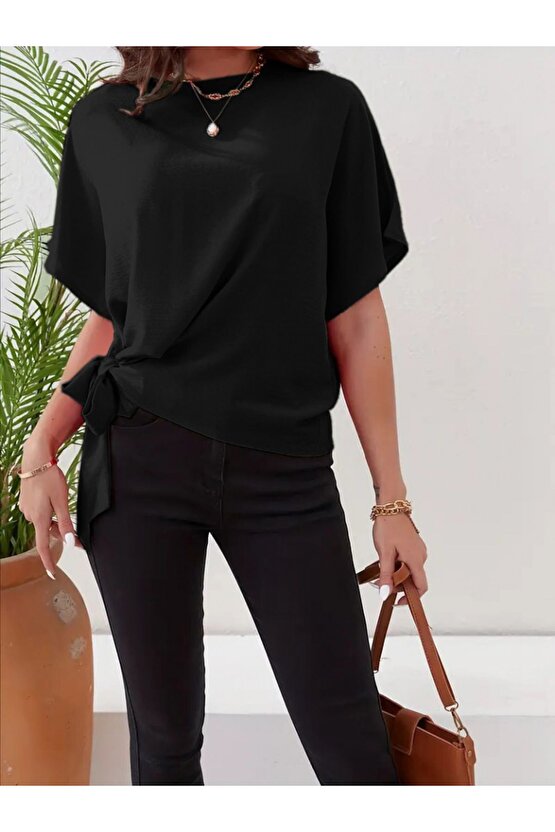 Moda Shop & Butik Kadın Kısa Kollu Bisiklet Yaka Yandan Bağlamalı Aerobin Bluz