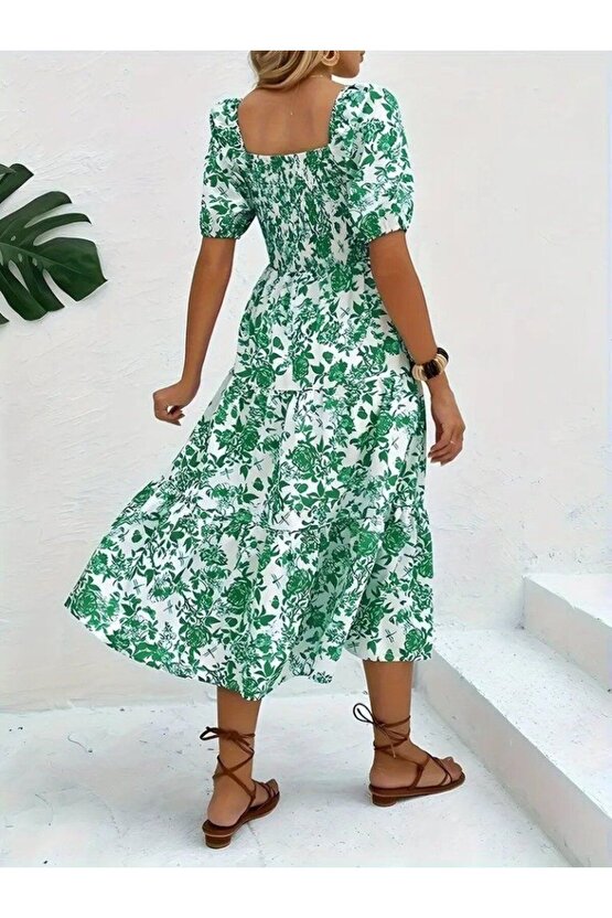 Moda Shop & Butik Kadın Kısa Kollu Kare Yakalı Lastikli Desenli Süprem Elbise