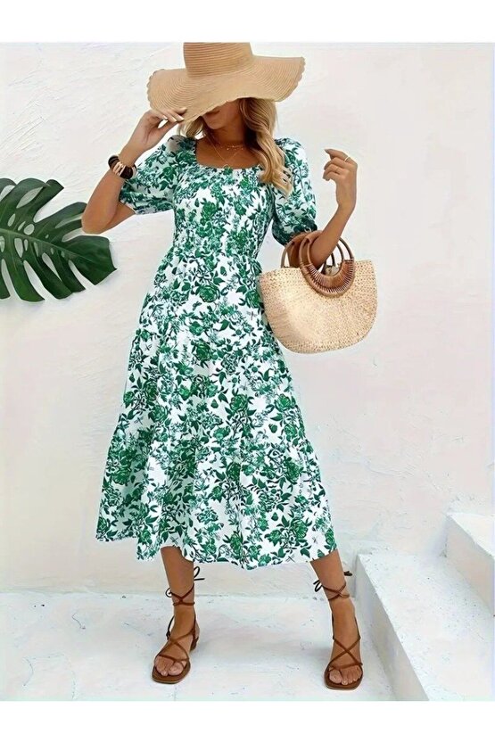 Moda Shop & Butik Kadın Kısa Kollu Kare Yakalı Lastikli Desenli Süprem Elbise