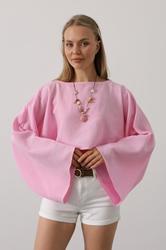 Moda Shop & Butik Yarasa Kollu Crop Bluz - Pembe