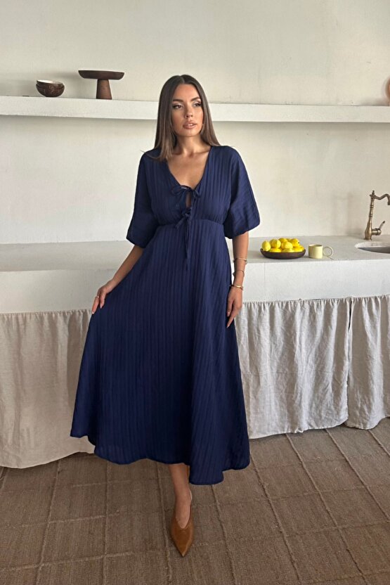 Moda Shop & Butik V Yaka Dökümlü Elbise - Lacivert