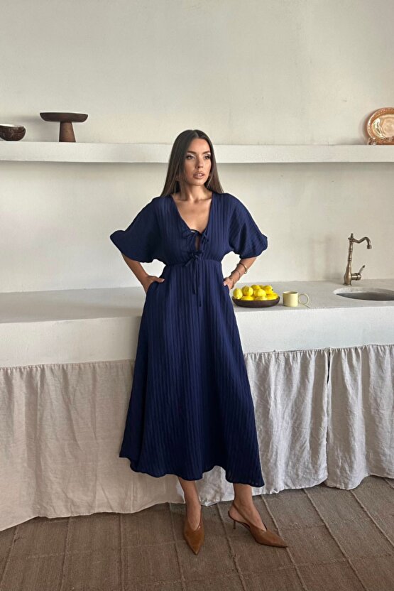 Moda Shop & Butik V Yaka Dökümlü Elbise - Lacivert