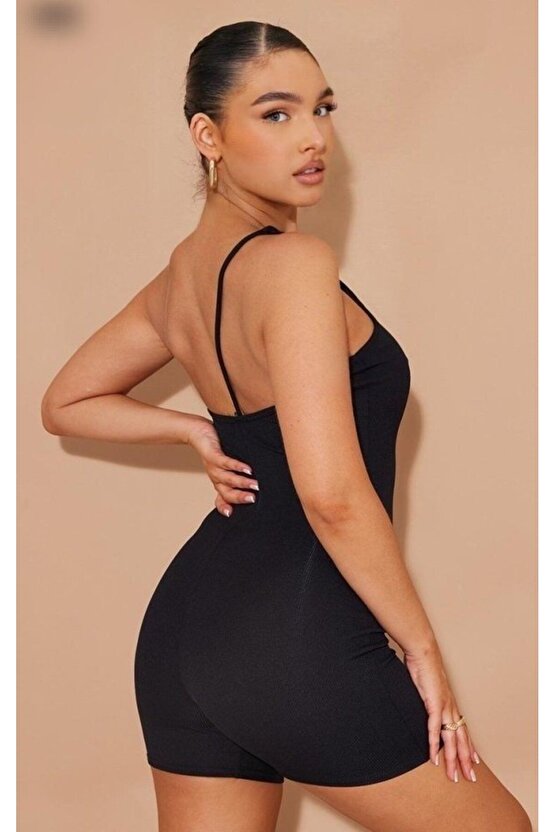 Gelirr Kadın Asimetrik Askılı Mini Kaşkorse Bodycon Tulum