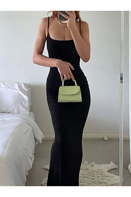 Kadın Kolsuz Askılı Bodycon Uzun Viskon Elbise