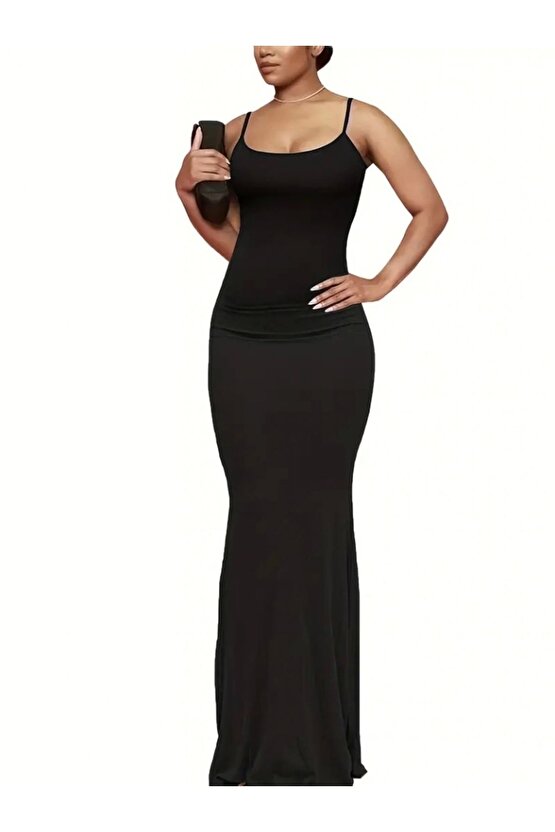 Kadın Kolsuz Askılı Bodycon Uzun Viskon Elbise