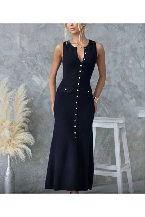 Kadın Kaşkorse Kumaş Düğme Detaylı Kolsuz Maxi Boy Elbise