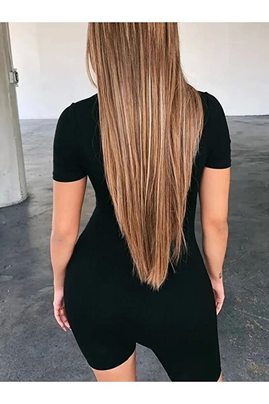 Kadın Kısa Kollu Önü Fermuarlı Bodycon Dalgıç Tulum
