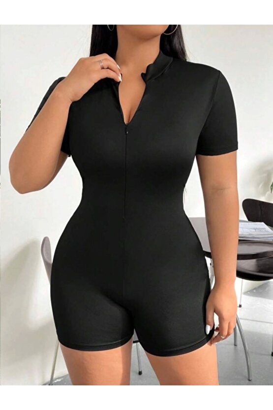 Kadın Kısa Kollu Önü Fermuarlı Bodycon Dalgıç Tulum