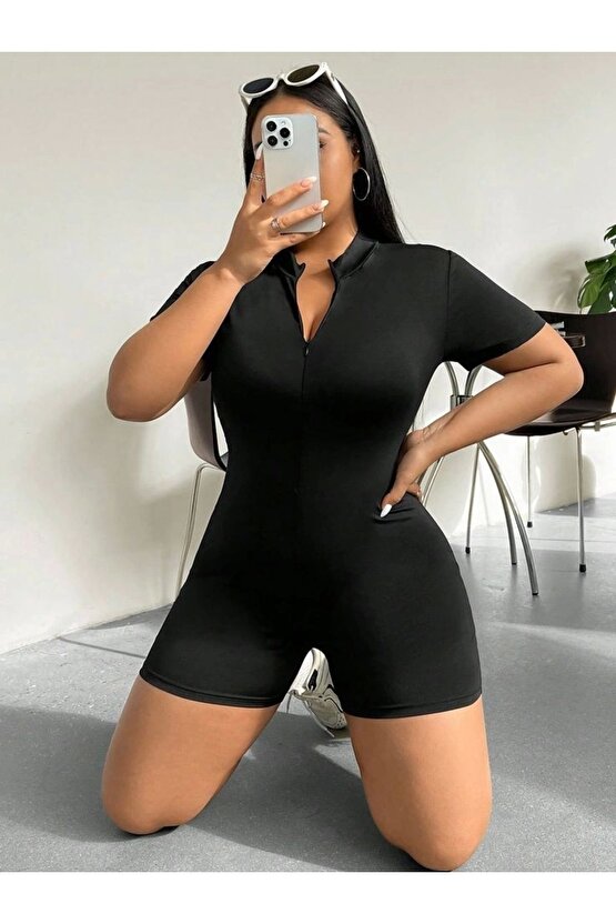 Kadın Kısa Kollu Önü Fermuarlı Bodycon Dalgıç Tulum
