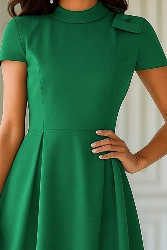 Moda Shop & Kadın Kısa Kollu Yarı Balıkçı Yaka Pileli Janjan Krep Midi Elbise
