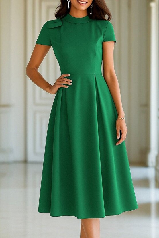Moda Shop & Kadın Kısa Kollu Yarı Balıkçı Yaka Pileli Janjan Krep Midi Elbise