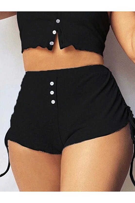 Kadın Ip Askılı Crop Bluz Ve Yanlardan Büzgülü Ikili Kaşkorse Short Takım