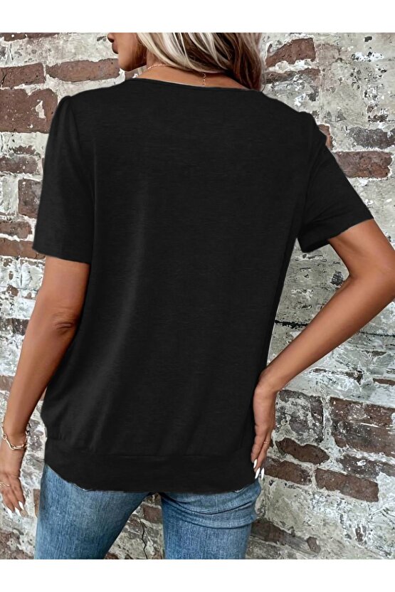 Moda Shop & Butik Kadın Kısa Kollu Yuvarlak Yaka Önden Pileli Salaş Viskon Bluz