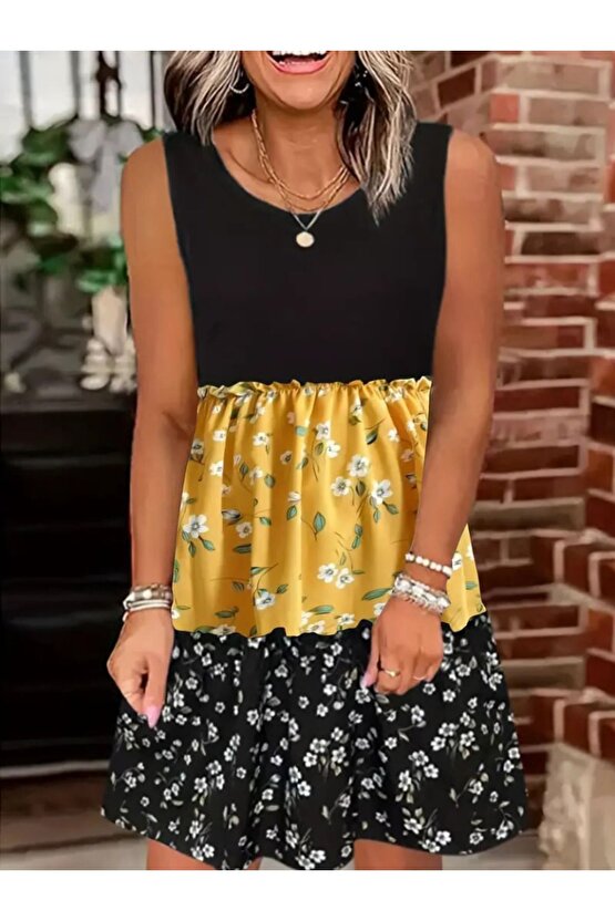 Moda Shop & Butik Kadın Askılı Yuvarlak Yaka Çiçek Baskılı Salaş Süprem Elbise